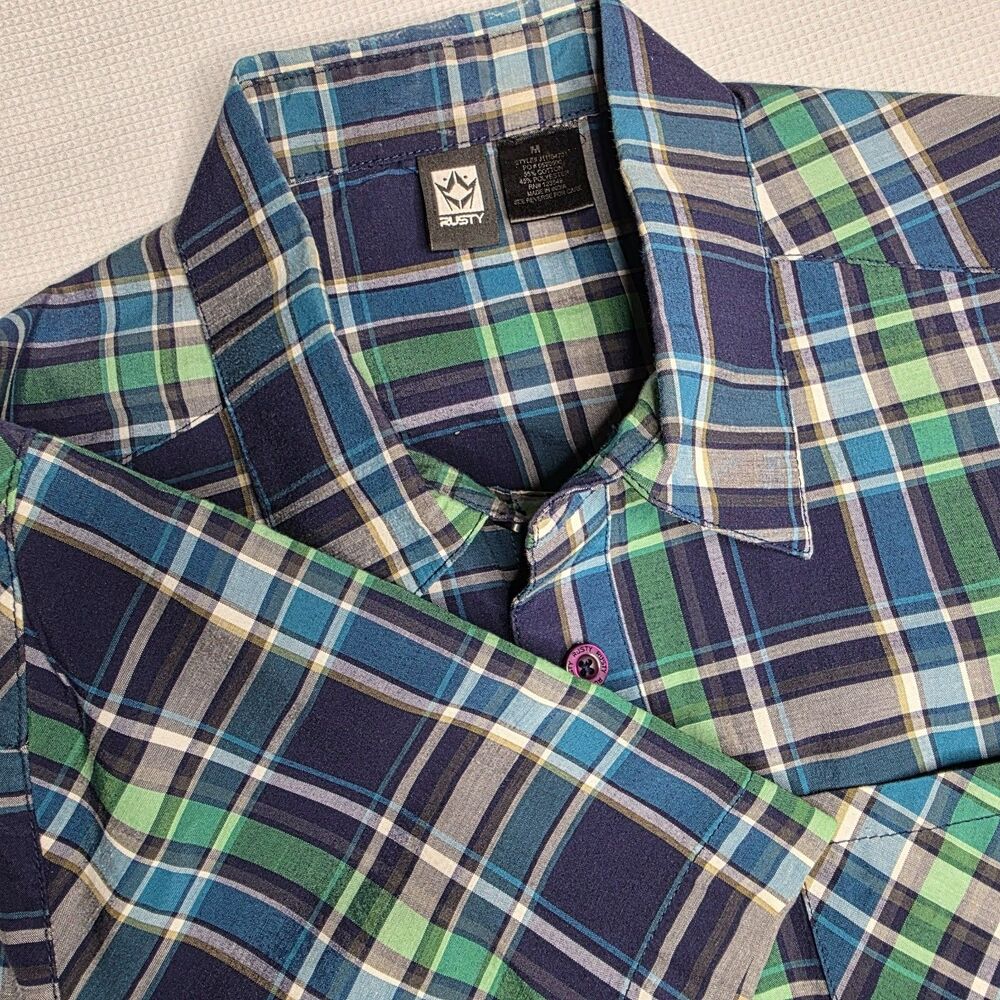 Rusty Men’s M Green Blue Gray Plaid Shirt Short Sleeve Button Down Casual